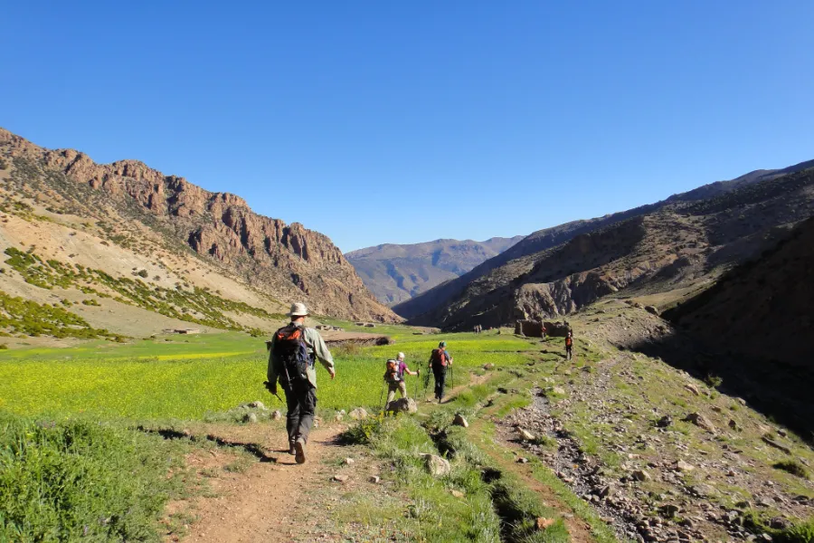 Trekkers walking a gentle trail through a green High Atlas valley