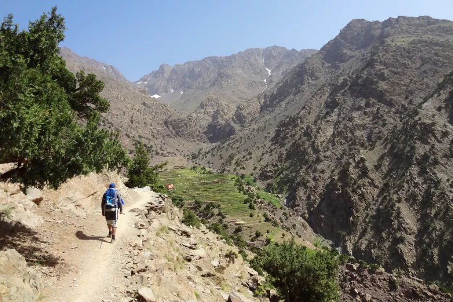 High Atlas trek scene on a guided Toubkal route, Morocco