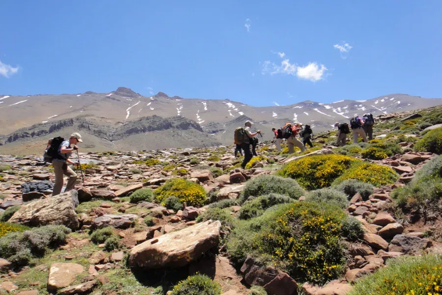 High Atlas trek scene on a guided Toubkal route, Morocco