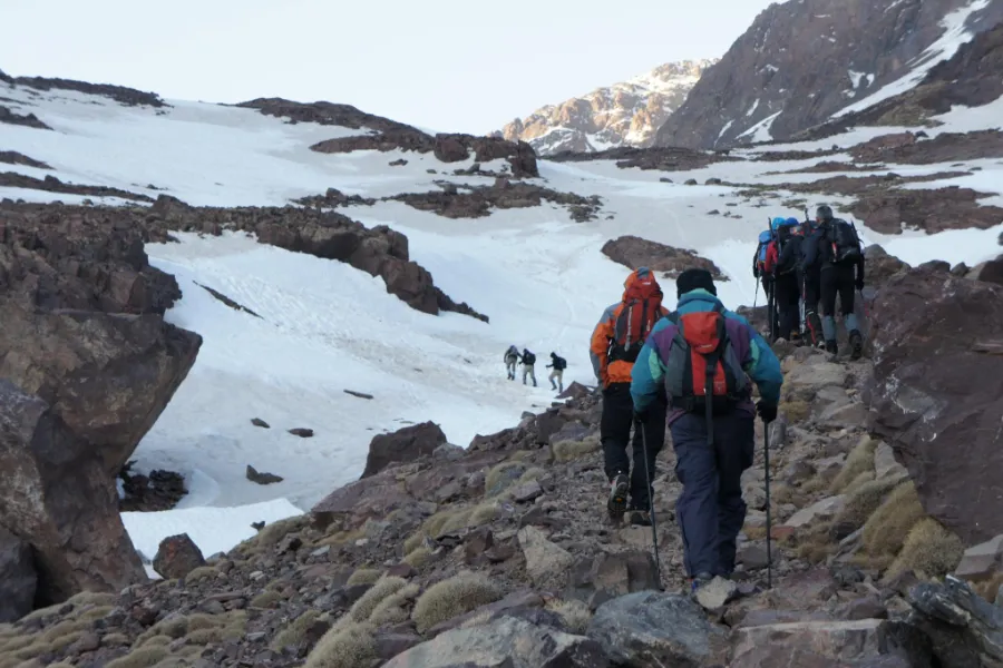 High Atlas trek scene on a guided Toubkal route, Morocco