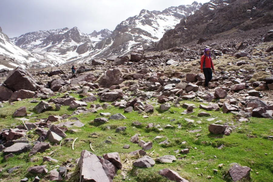 High Atlas trek scene on a guided Toubkal route, Morocco