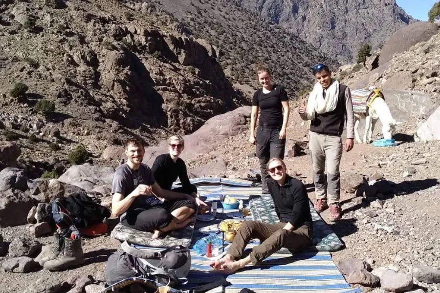 High Atlas trek scene on a guided Toubkal route, Morocco