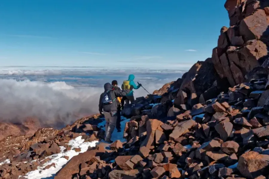 High Atlas trek scene on a guided Toubkal route, Morocco