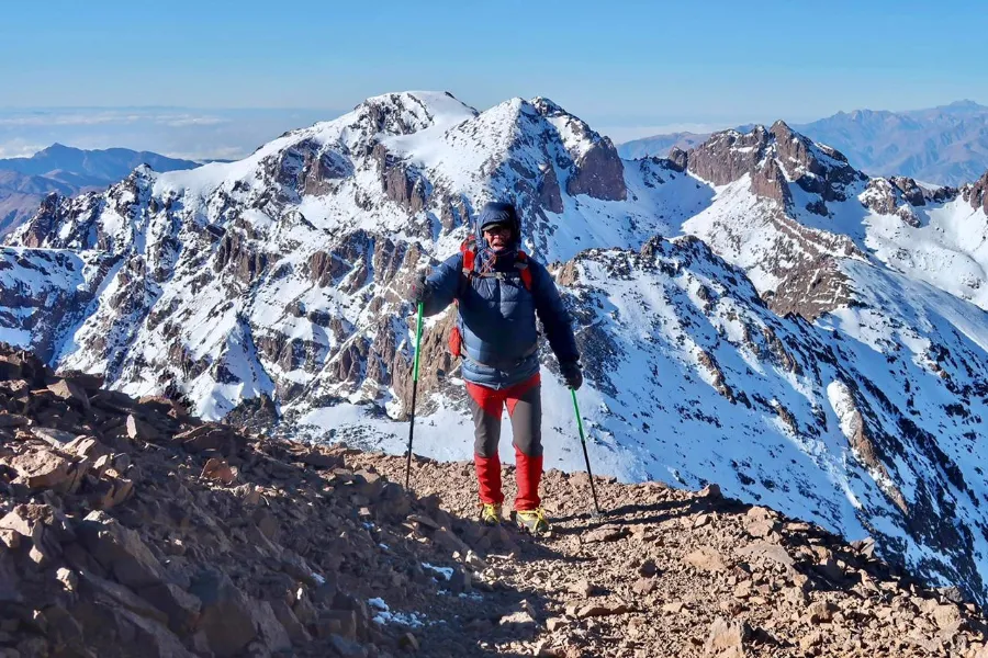 High Atlas trek scene on a guided Toubkal route, Morocco